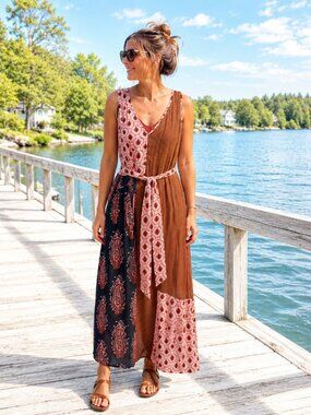 NWOT Zara Boho Maxi Sleeveless Layered Dress Large Brown Burgundy Lined Summer